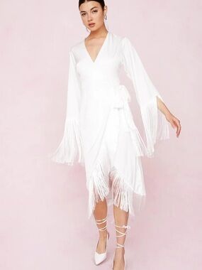 Nasty Gal White Fringe Wrap Midi Dress